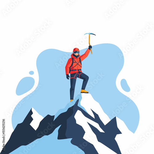 Successful climber stands proudly on mountain peak holding ice axe in celebration of achievement