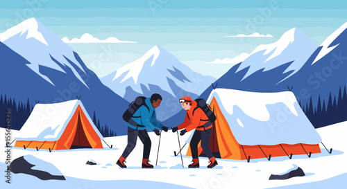 Two hikers meeting at snowy mountain campsite tents with trekking poles