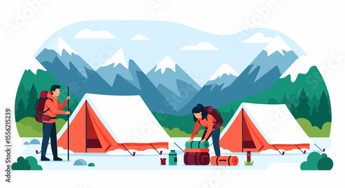 Campers Setting Up Tents Amidst Snow Covered Mountains and Pine Forest