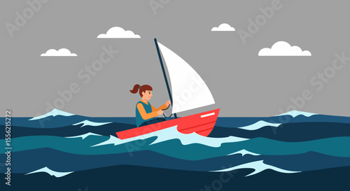Woman sailing boat on wavy sea under cloudy sky pixel art