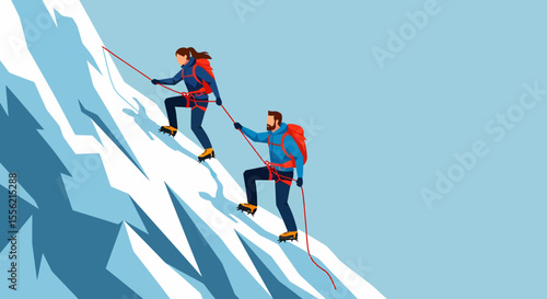 Two climbers ascend a steep snow-covered mountain with ropes and ice axes