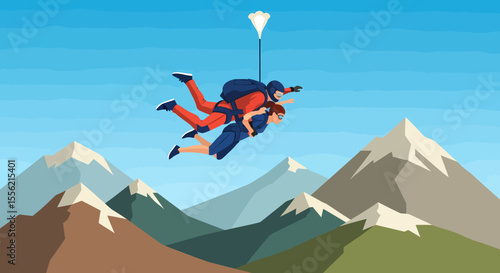 Two people skydiving together over snow-capped mountains in clear blue sky