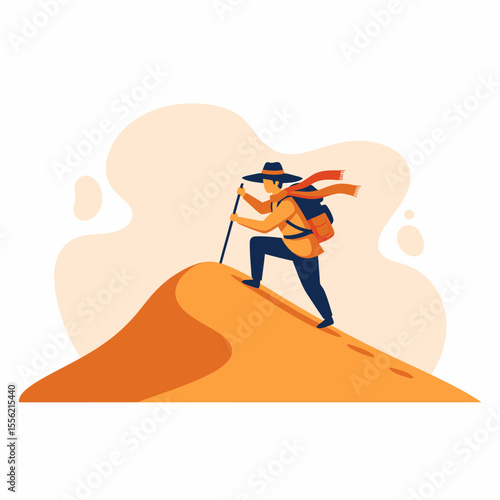 Adventurer hiking up sandy dune with walking stick and scarf flapping