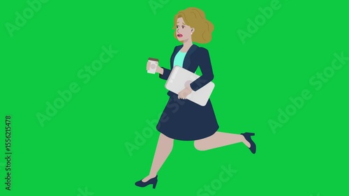 Professional Career Woman Run Cycle Carry Laptop and Coffee Cup Modern Businesswoman Character 2d flat design style seamless loop Animation Green Screen