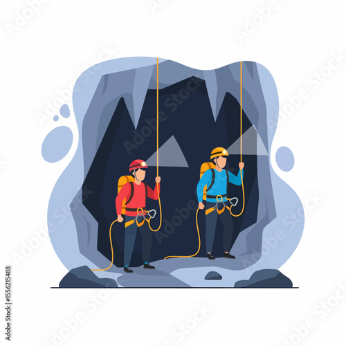Adventurers Rappelling Down Into Dark Cave With Stalactites And Stalagmites