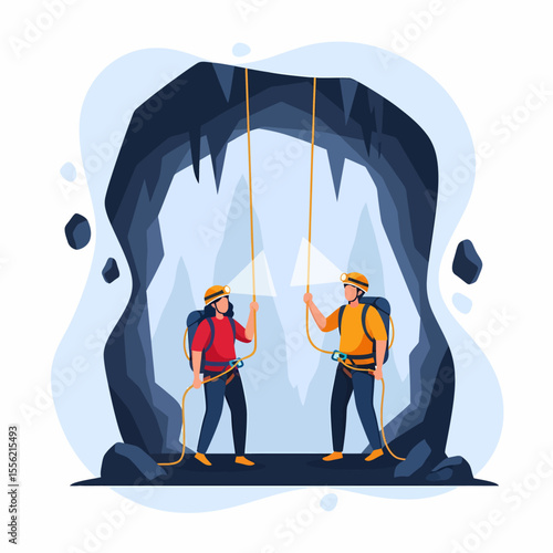Two Climbers Exploring a Dark Cave Entrance with Ropes and Headlamps