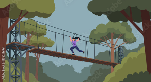 Person navigating rope bridge in lush forest adventure park
