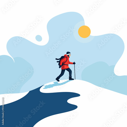 Man hiking on snowy mountain peak with backpack and trekking poles against cloudy sky with sun