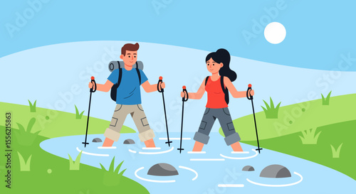 Couple hiking adventure crossing shallow river on sunny day with green landscape and blue sky