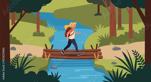 Woman hiking crossing wooden bridge over stream in forest with trees and nature