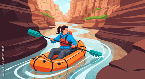 Woman paddling inflatable raft through scenic sandstone canyon river adventure