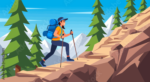 Woman hiking up a mountain path with backpack and trekking poles