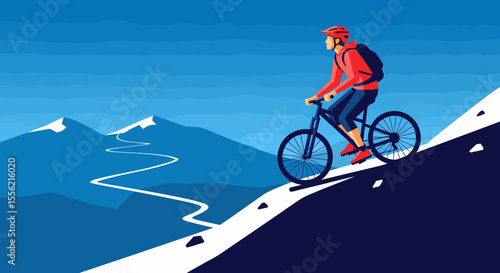 Mountain biker descending a steep snowy slope with winding trail and distant peaks