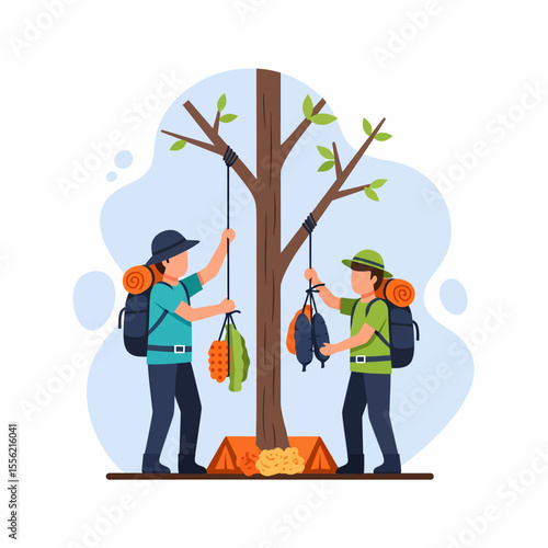 Two hikers hanging food on a tree during a camping trip for wildlife protection