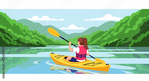 Person kayaking on a serene lake surrounded by lush green mountains and trees reflecting in the water