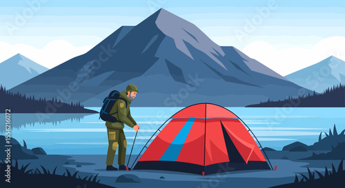 Pixel art man setting up red tent by calm lake with mountains background
