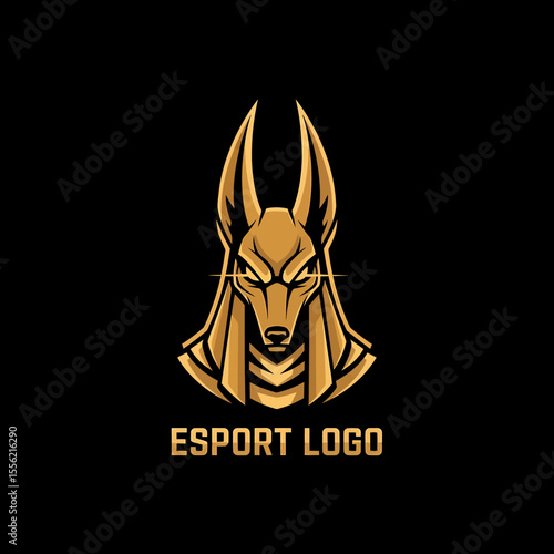 Majestic golden Anubis head logo with fierce expression for esports gaming teams and gaming concepts