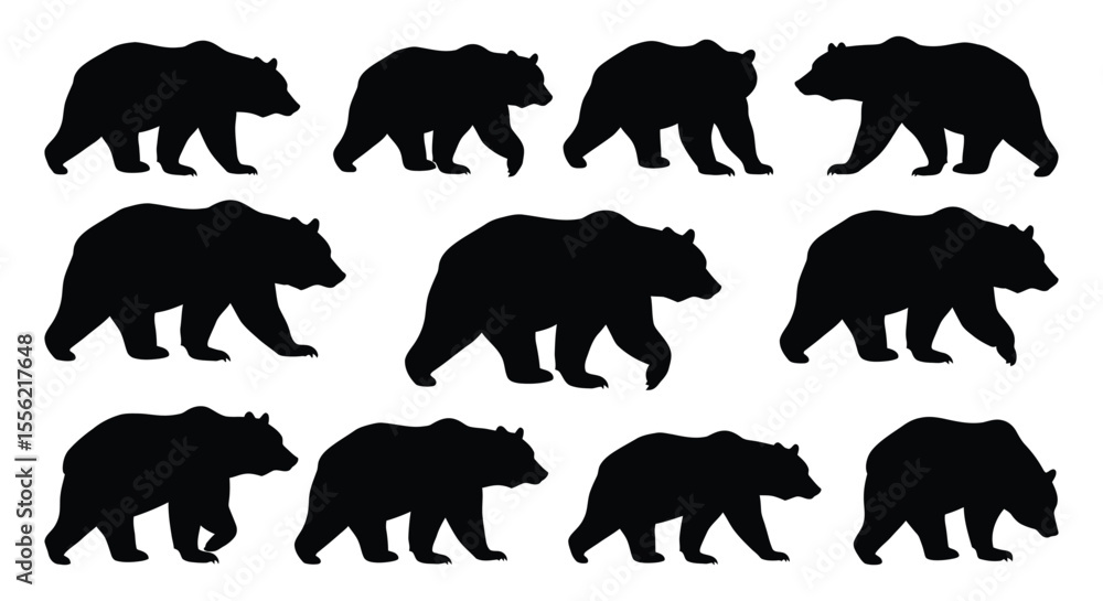 Fototapeta premium Collection of Black Bear Silhouettes Walking and Standing Isolated on a White Background – Perfect for Nature, Wildlife, and Animal-Themed Designs