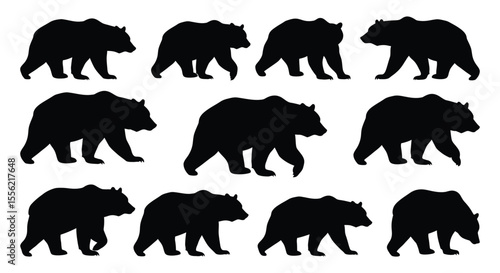 Collection of Black Bear Silhouettes Walking and Standing Isolated on a White Background – Perfect for Nature, Wildlife, and Animal-Themed Designs