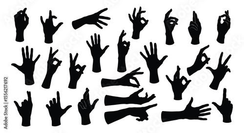 Collection of Diverse Hand Gesture Silhouettes and Finger Poses Isolated on White Background – Ideal for Communication, Interaction, and Sign Language Designs