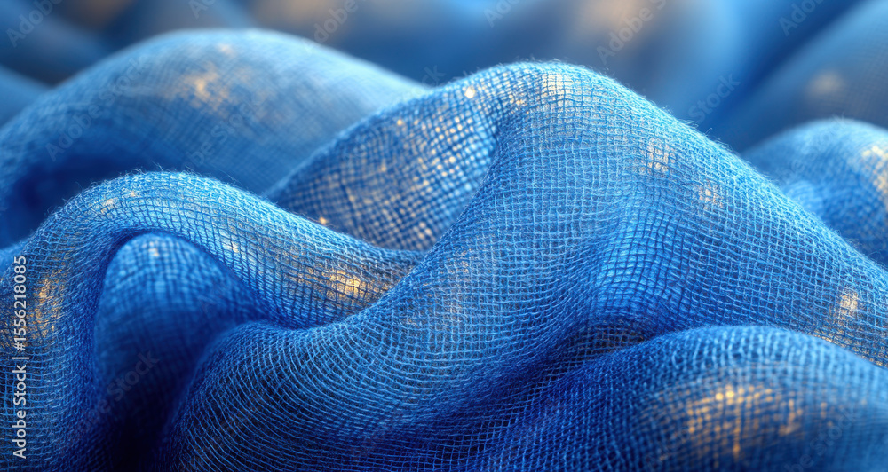 Close up of blue fabric with textured, mesh like surface showing soft folds and light reflections, creating vibrant and dynamic visual effect. Perfect for textile or fashion themes Close up of blue fabric with textured, mesh like surface showing soft folds and light reflections, creating vibrant and dynamic visual effect. Perfect for textile or fashion themes