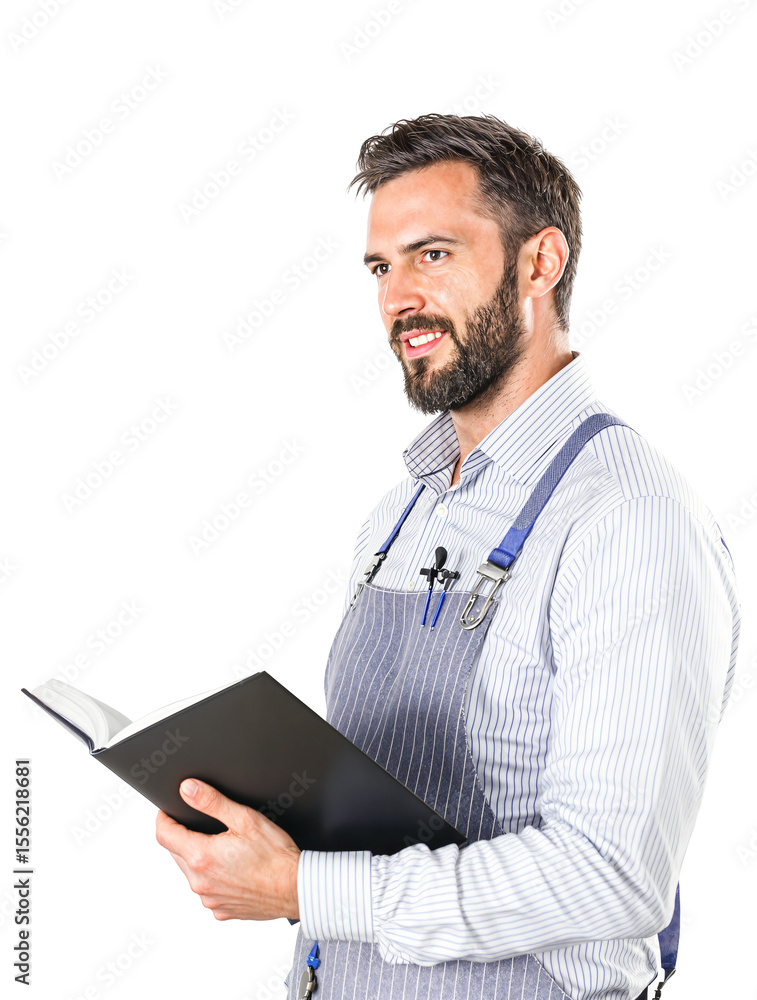 Bearded Worker Holding Notebook on Isolated transparent background Bearded Worker Holding Notebook on Isolated transparent background
