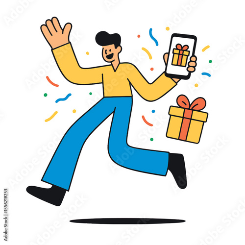 Vector illustration of a happy man jumping with a smartphone showing a gift box. Confetti around him symbolizes winning, surprise, or receiving a reward online.