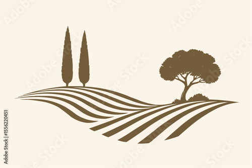  rural Mediterranean vector landscape with plowed fields, cypresses, and pine tree