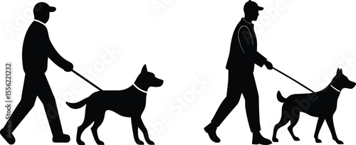 People Walking Dogs Silhouette Set, Pet Owner and Dog Black Icons, Man Leashing Canine Vector Graphic.