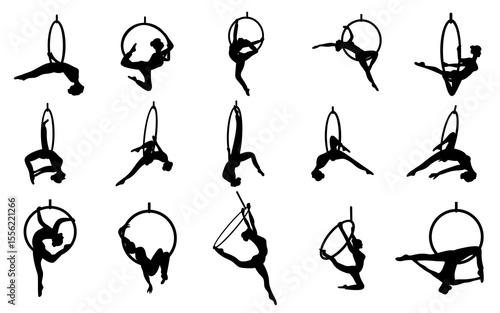 set of girls on the aerial hoop ring silhouettes