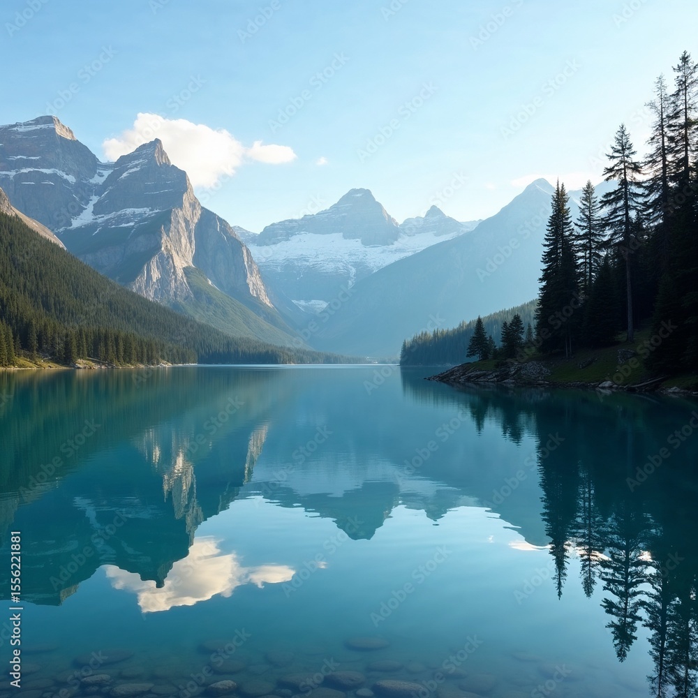 Fototapeta premium : Tranquil mountain lake with reflection and pine trees under clear blue sky.