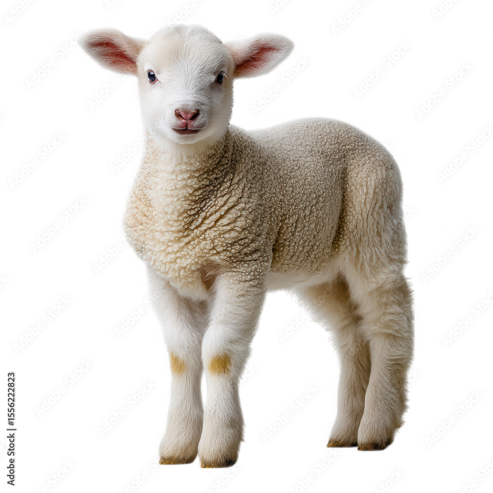 Fototapeta premium Adorable young lamb standing on fluffy wool in bright light showcasing innocence and playfulness