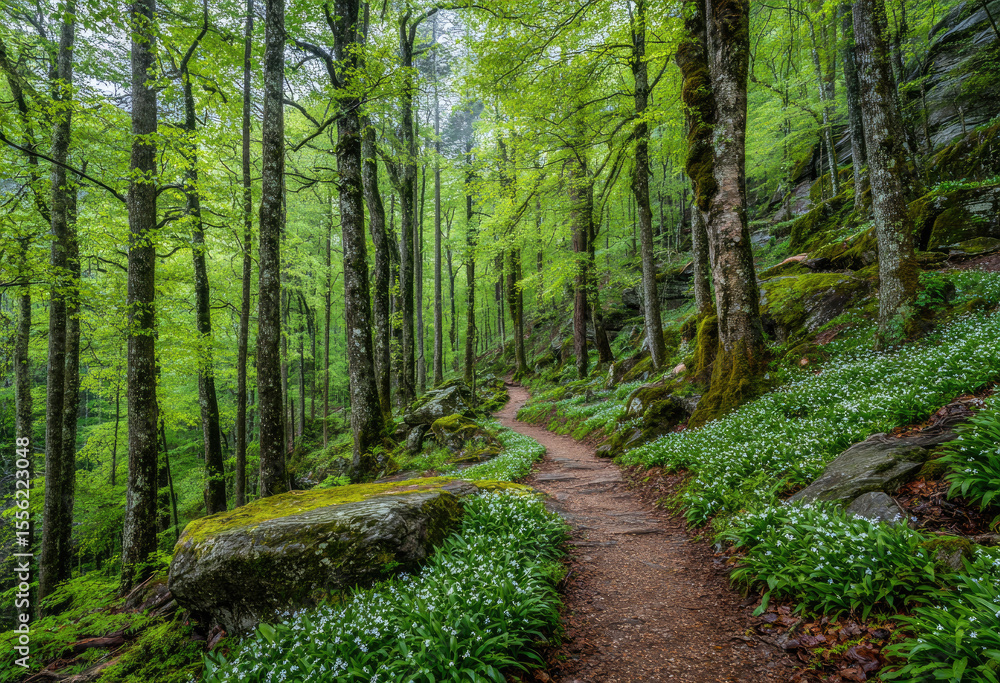 Obraz premium Lush forest path winding through a bed of springtime wildflowers