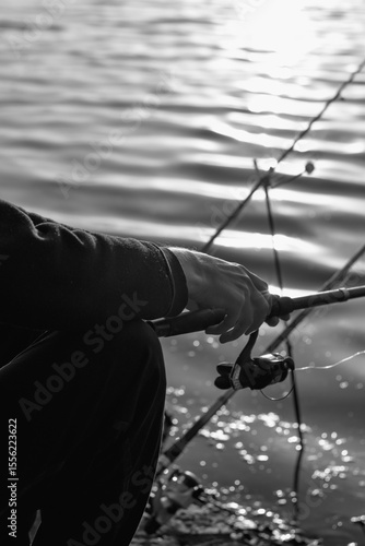 Fishing on the lake. Black and white