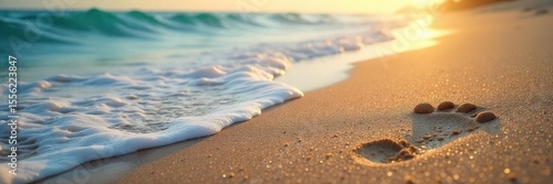 A single footprint in wet sand, signifying a first step, symbolizes the overwhelming feeling of a new beginning, hope, and trepidation The ocean stretches out behind, vast and mysterious , hope, sea