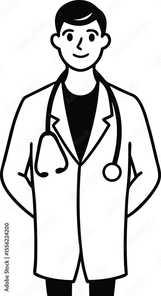 Smiling Doctor with Stethoscope Line Art, Male Medical Professional Outline Icon, Healthcare Practitioner Cartoon Character. Smiling Doctor with Stethoscope Line Art, Male Medical Professional Outline Icon, Healthcare Practitioner Cartoon Character.