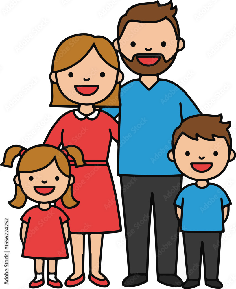 Cartoon family portrait with one son and daughter Cartoon family portrait with one son and daughter