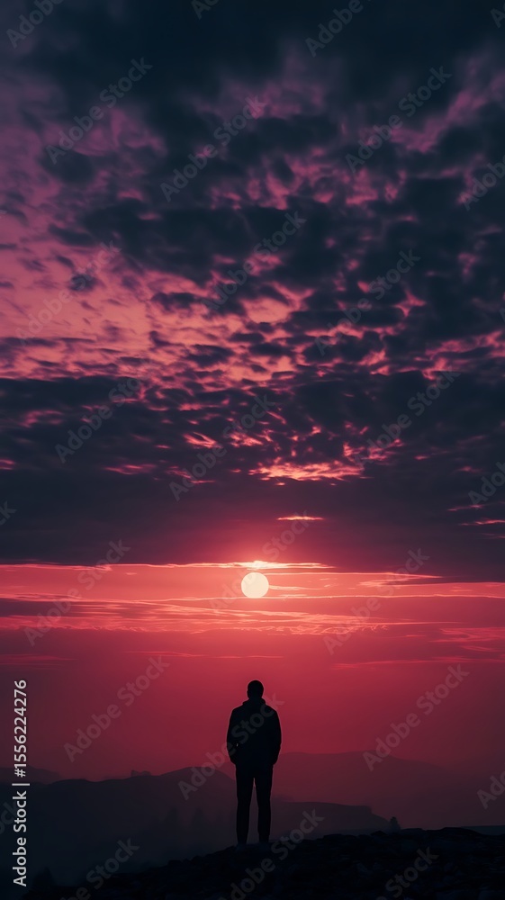 Fototapeta premium Silhouette of a person standing on a hilltop, gazing at a vibrant sunset sky.