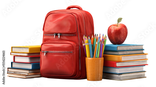 Back to school supplies set: books, pencils, backpack, and apple, isolated on white background.