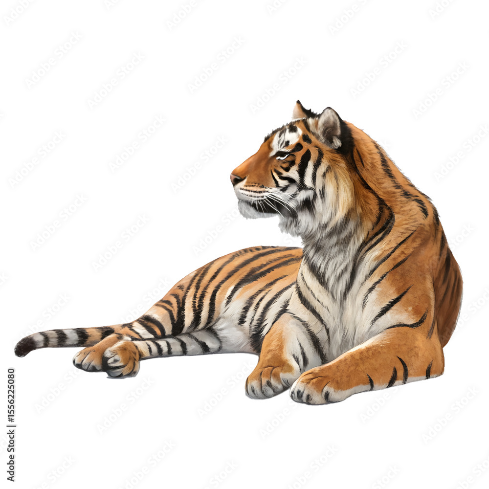 Fototapeta premium A beautiful tiger rests peacefully, isolated on transparent background, its orange and black stripes visible