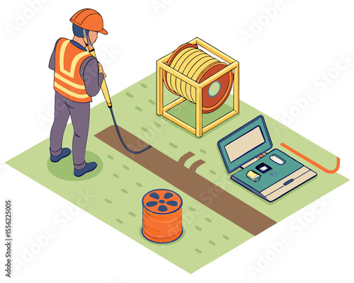 Technician operating sewer pipe inspection camera monitoring industrial wastewater system isometric isolated illustration.