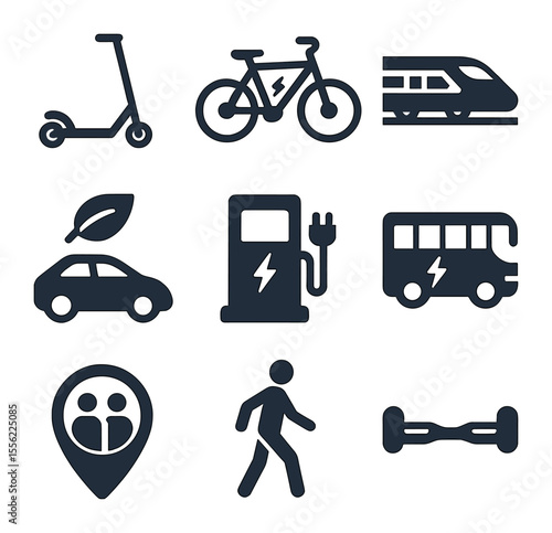 Clean Transport Icons. Flat icon set of clean transportation: electric scooter, e-bike, bullet train, hybrid
