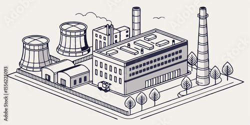 Industrial factories silhouette outline shadow with trees background blue monochrome isolated illustration.
