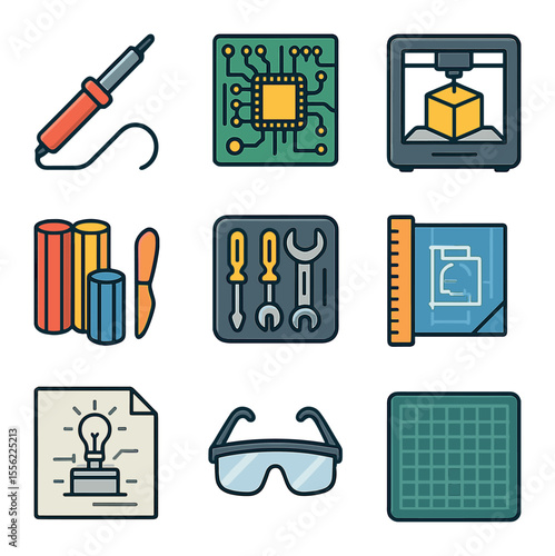 Maker's Desk Icons. Flat icon set of maker’s desk items: soldering iron, circuit board, 3D printer, modeling