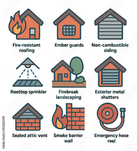 Wildfire-Resistant Building Icons. Flat icon set of wildfire-resistant building features: fire-resistant