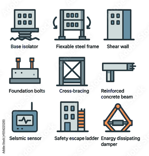 Earthquake-Resistant Icon Set. Flat icon set of earthquake-resistant structures: base isolator, flexible steel