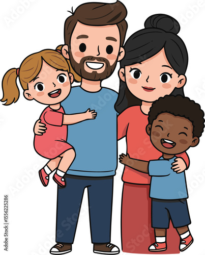 Happy cartoon parents with adopted children