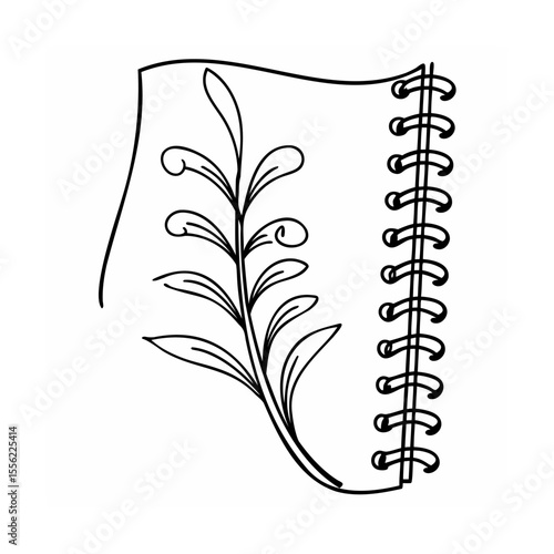 Black line art notebook with floral element and spiral binding on white background