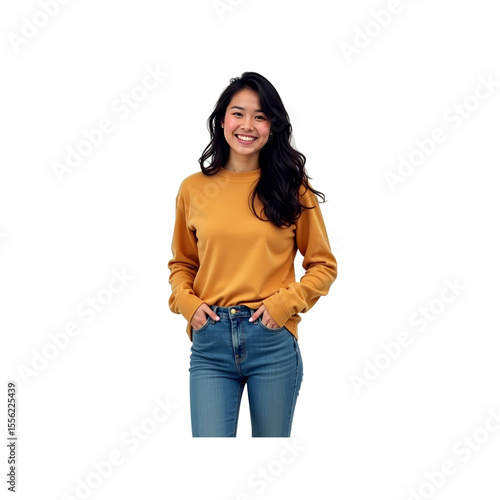 Confident Young Asian Woman in Mustard Yellow Sweatshirt and Jeans
