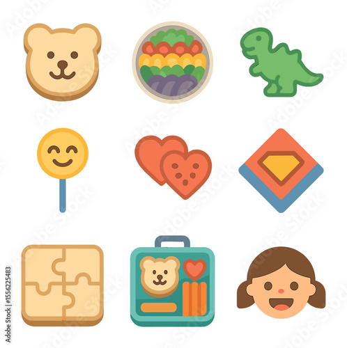 Lunchbox Icons Grid. Flat icon set of lunchbox themes: animal-shaped sandwich, rainbow salad, dinosaur cookie